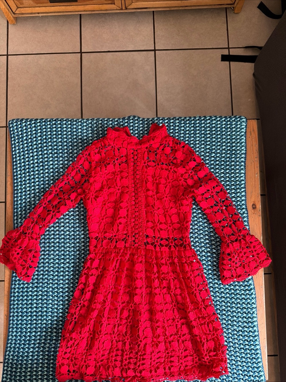 Girls Red Lace Floral Long-Sleeve Formal Dress